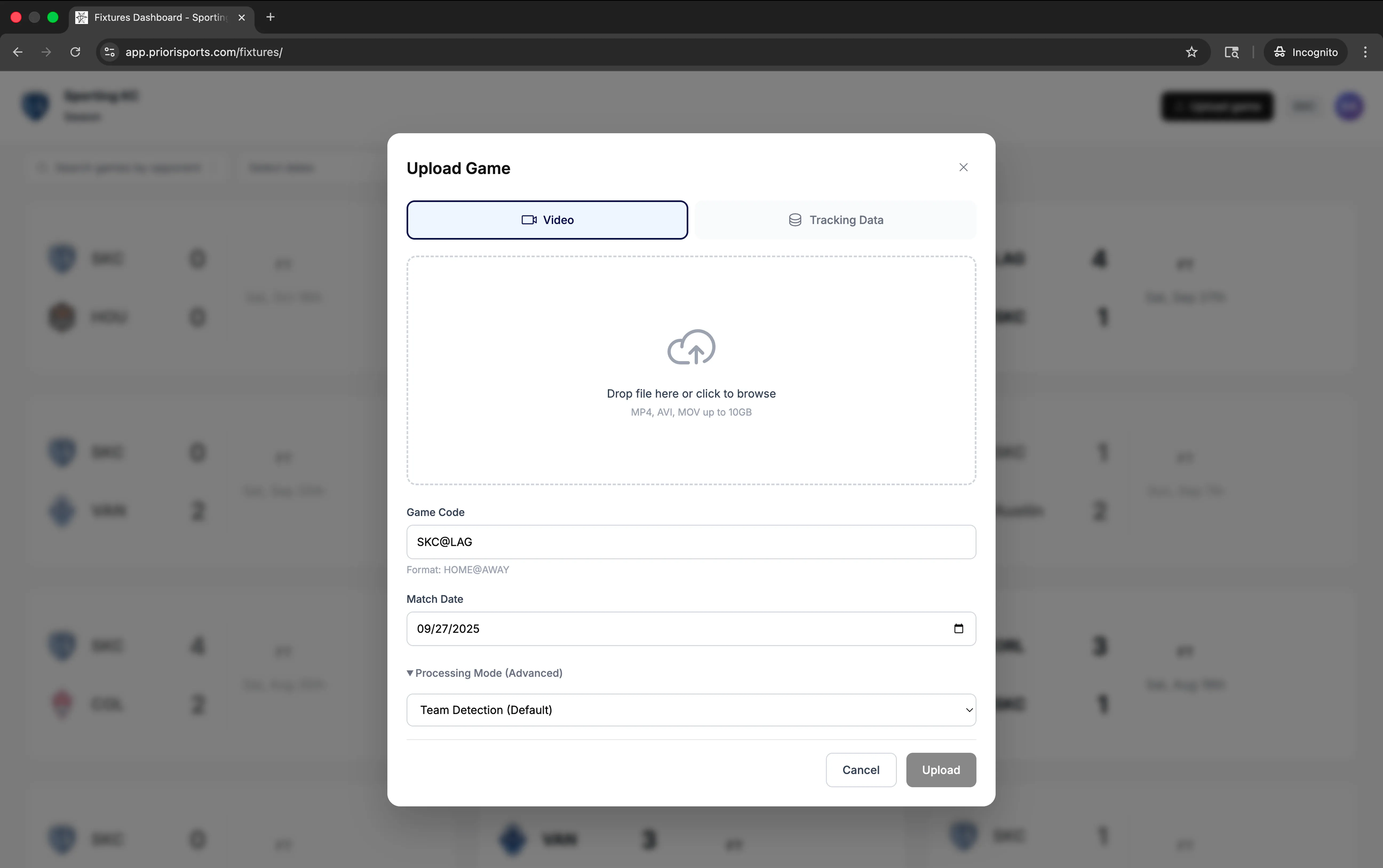 Priori upload interface showing match video ingest